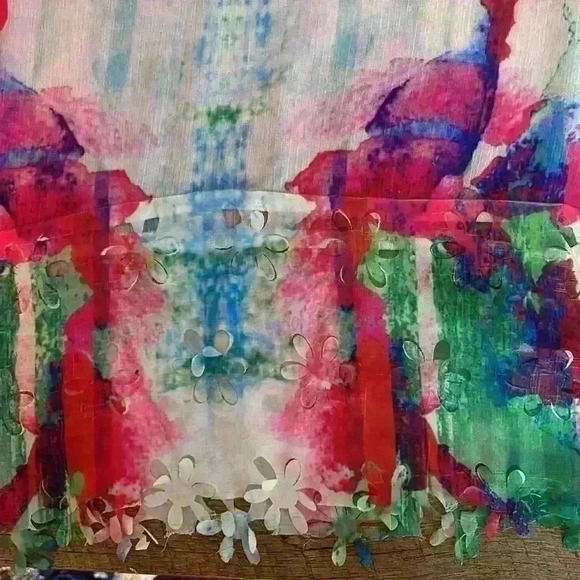 Mushka by Sienna Rose Watercolor Sheer Tunic Cut Out Fringe Size M - Picture 4 of 6